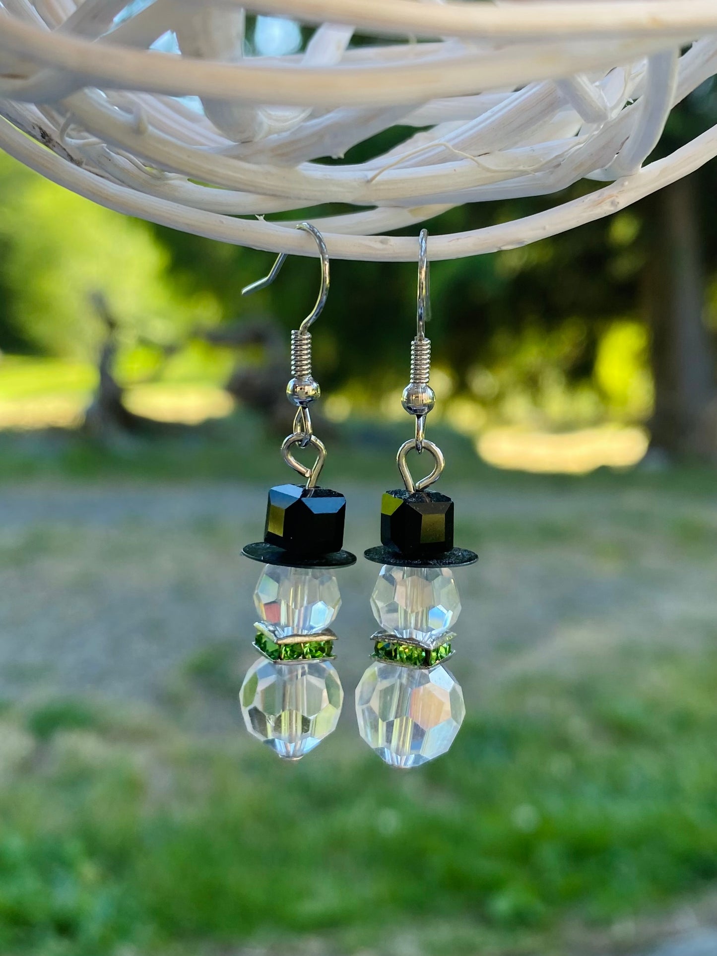 Silver Clear Stone Snowman Earrings w/ Green gem Scarf