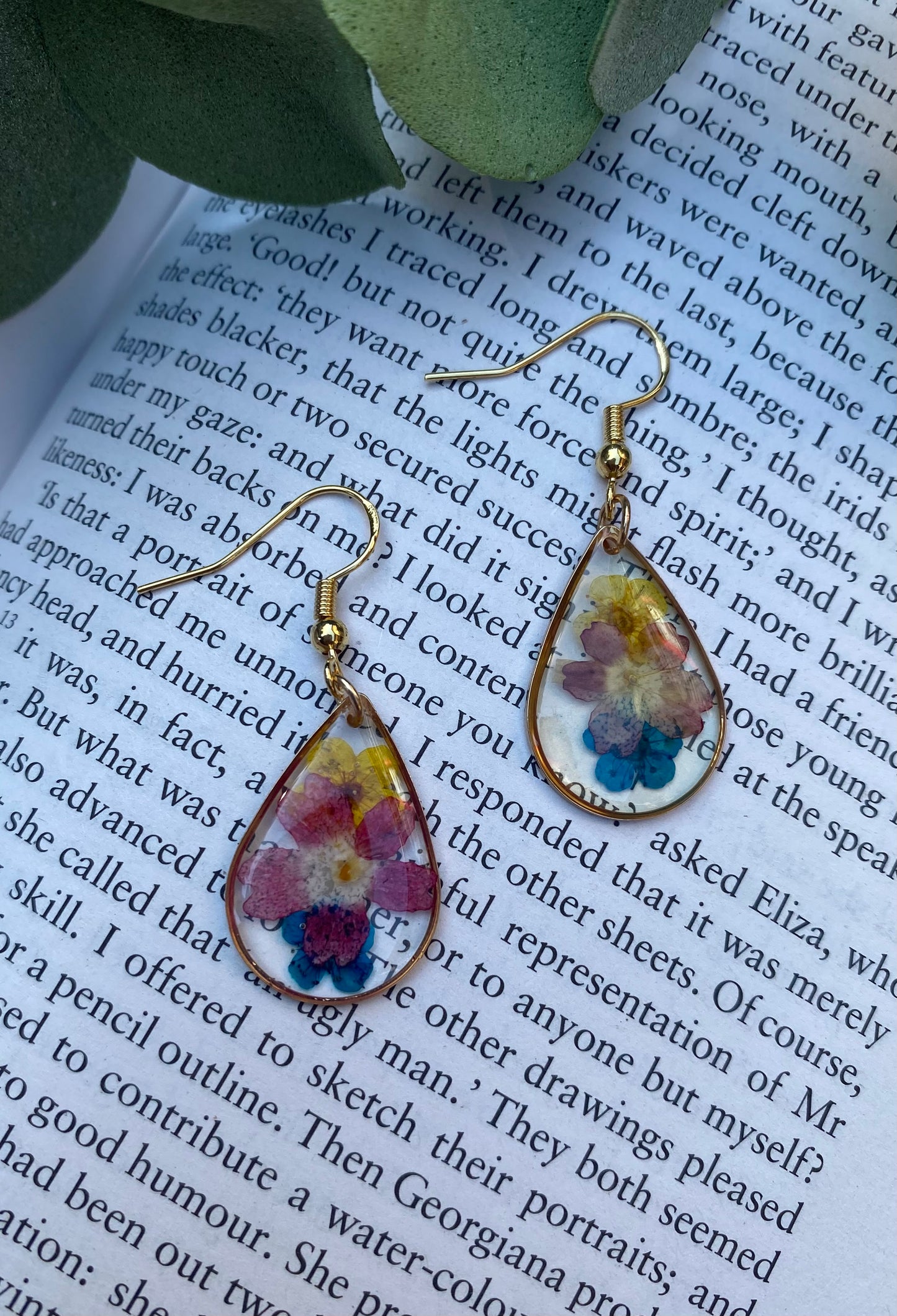 Gold Teardrop Pressed Flower Earrings