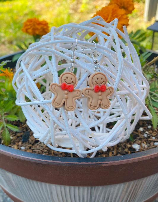 Silver Gingerbread Man w/ Red Bow Tie Earrings ￼