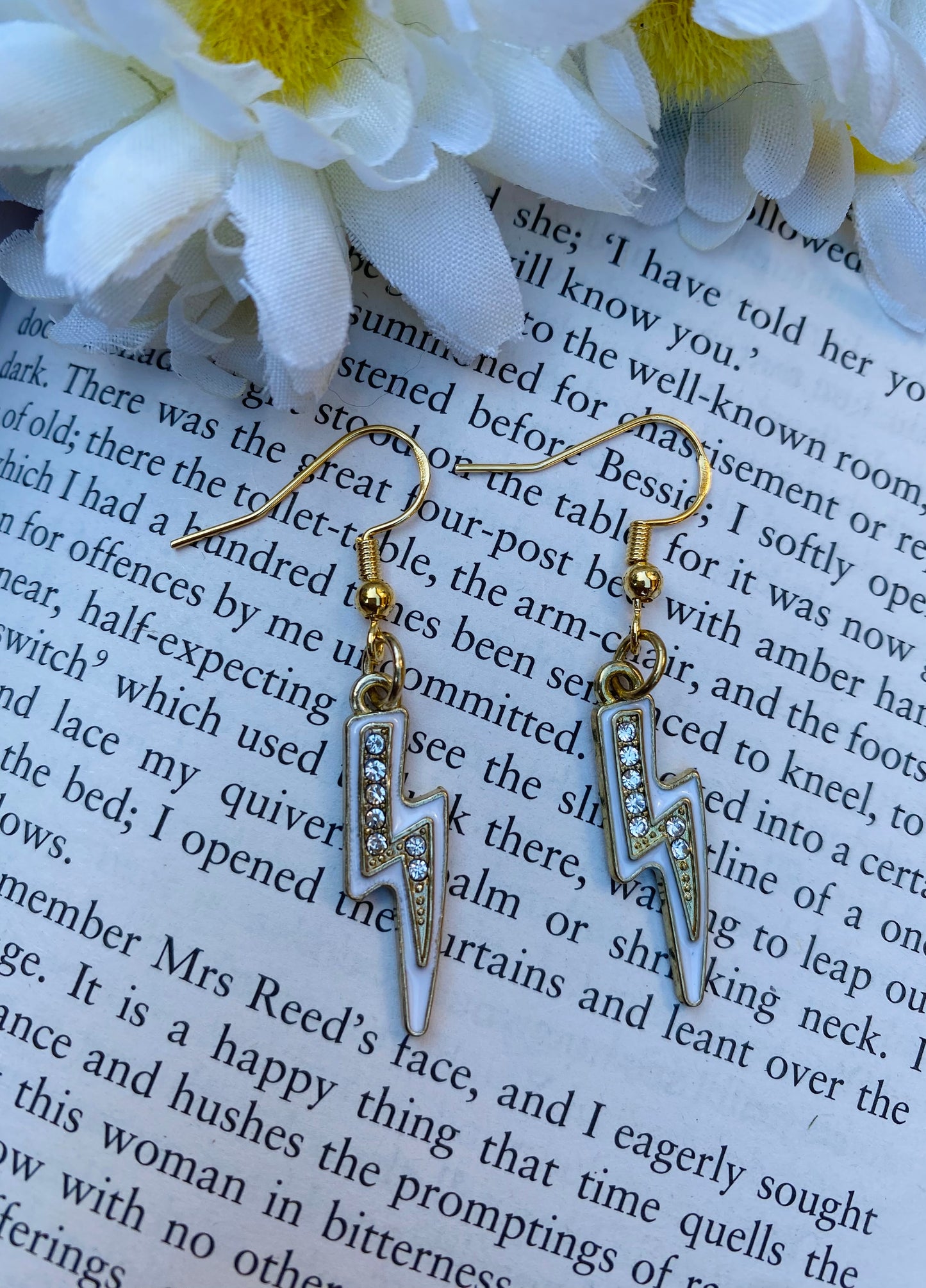 Gold White Lightning Bolt Earrings