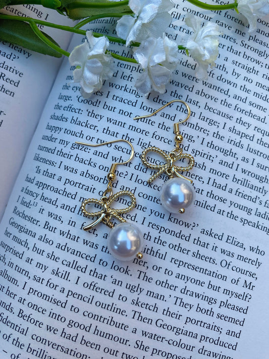 Gold Bow Pearl Earrings
