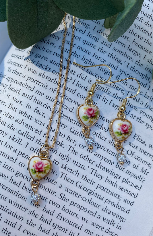 Gold Pink Floral Earrings and Necklace Set