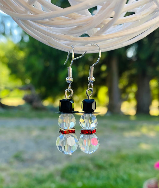 Silver Clear Stone Snowman Earrings w/ Red gem Scarf