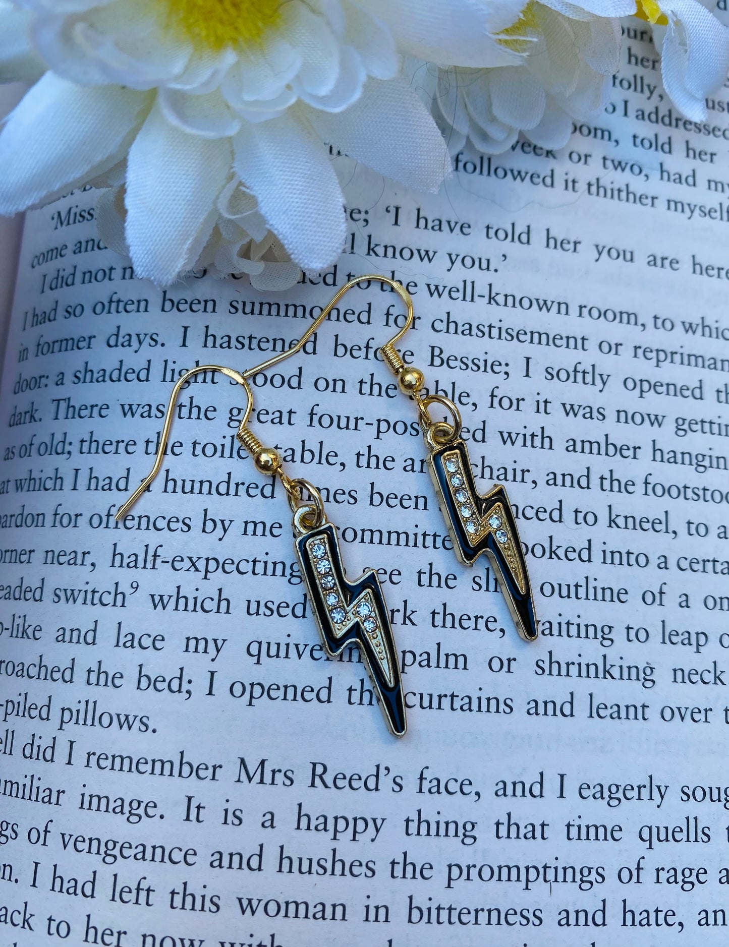 Gold Black Lightning Bolt Earrings